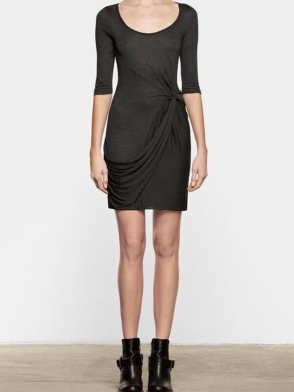 All Saints Twain Jersey Dark Charcoal Ruched Side-Knot Mini Dress